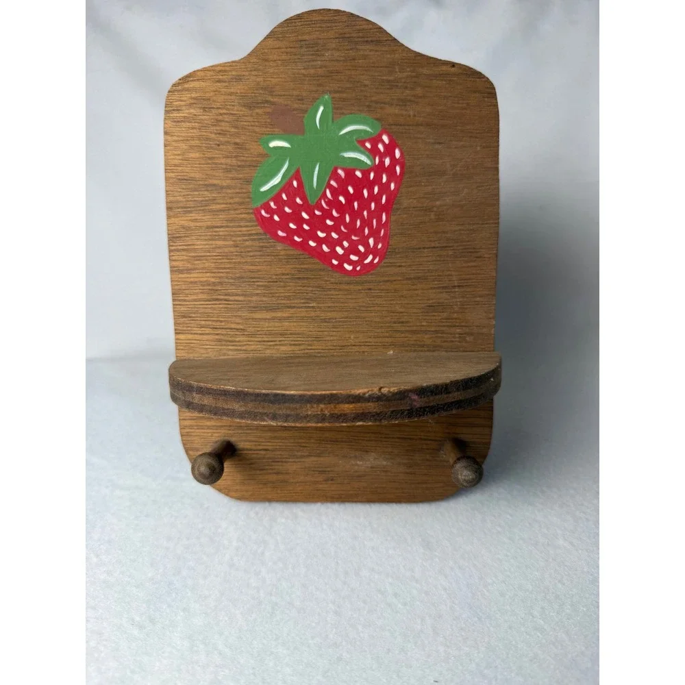 Strawberry Wooden Wall Shelf 2 Peg Hooks Cottagecore Farmhouse Kitchen Decor